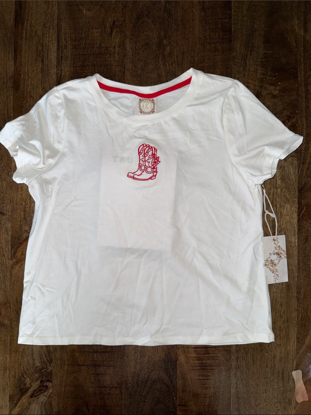 White Short-Sleeve Tee with Red Boot Graphic